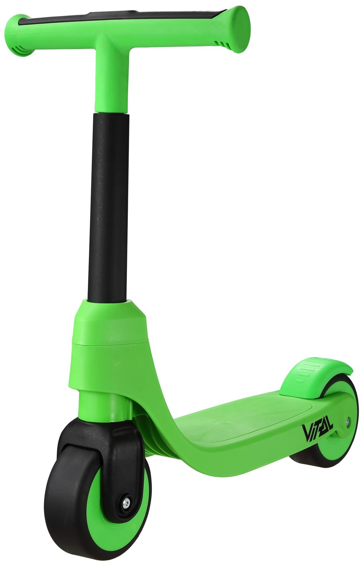 The Vital First Kids Scooter - Green / Black by Vital features a T-shaped handlebar and durable front and rear wheels, offering children a safe and fun riding experience.