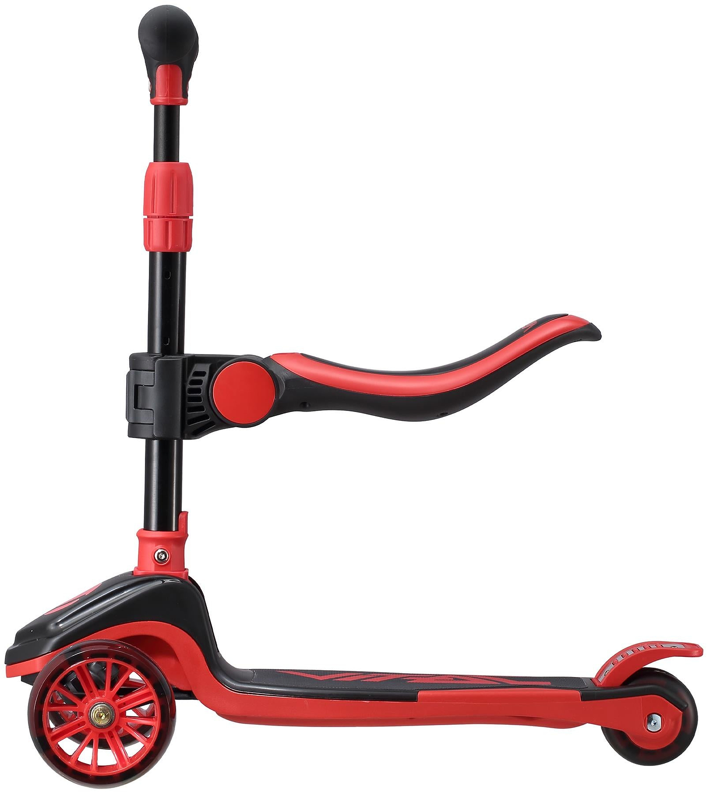 The Vital Tyke 3 Wheel Kids Scooter - Red by Vital features an adjustable handlebar, curved footrest, and sturdy design—ideal as a first scooter for children. Shown from the side on a white background.