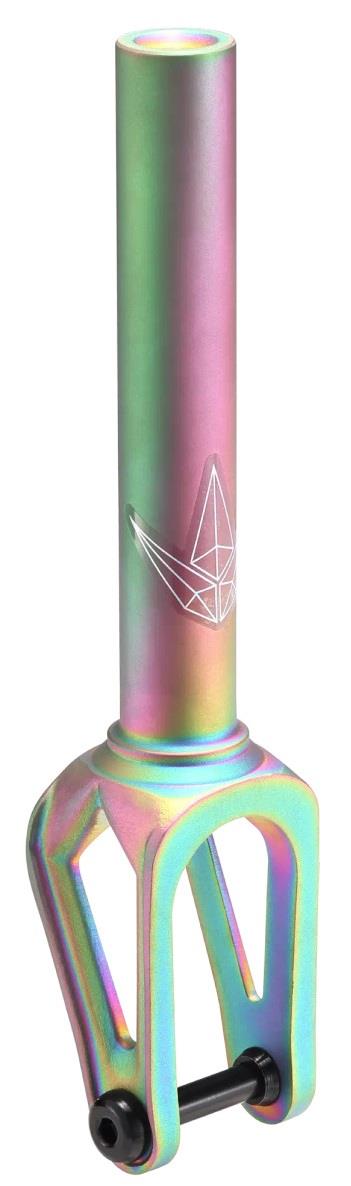 The Blunt Envy Diamond IHC Stunt Scooter Forks in Matted Oil Slick feature an engraved geometric logo and a secure bolt, making them the perfect choice for pro stunt scooter riders seeking style and durability.