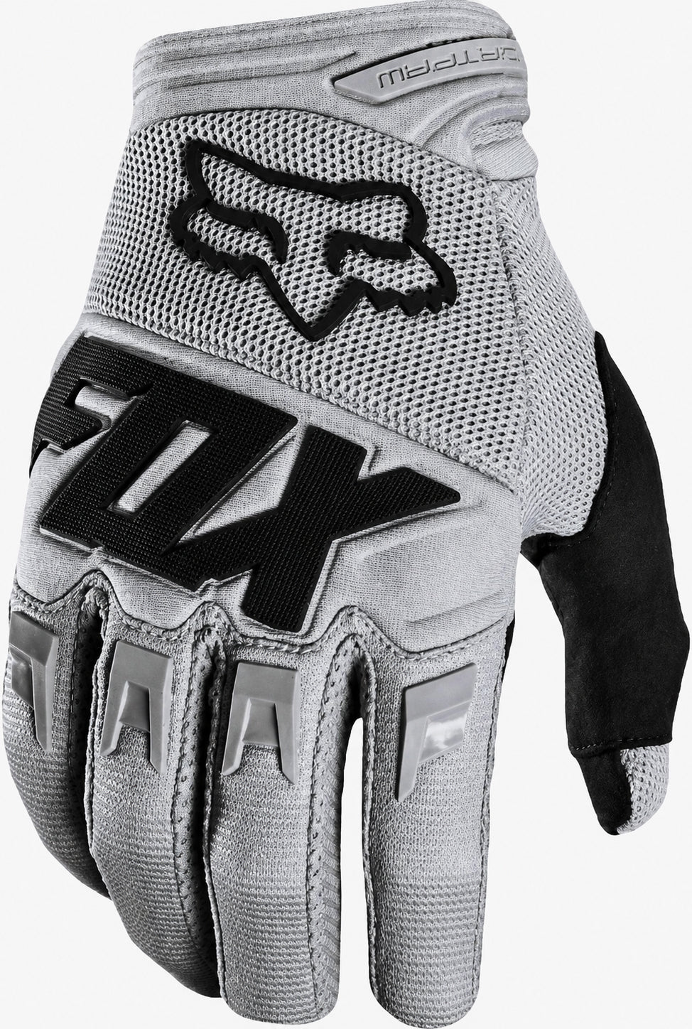 The FOX Dirtpaw Skate Protection Gloves - Grey are durable gray gloves with black and white accents, featuring the FOX logo on the back and lettering across the knuckles, designed for grip and protection.
