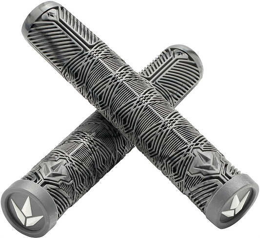 Two crossed Blunt Envy V3 Grey/Black Stunt Scooter Grips (160mm) feature a geometric texture and round end caps with a white chevron logo, making them ideal accessories for stunt scooters.