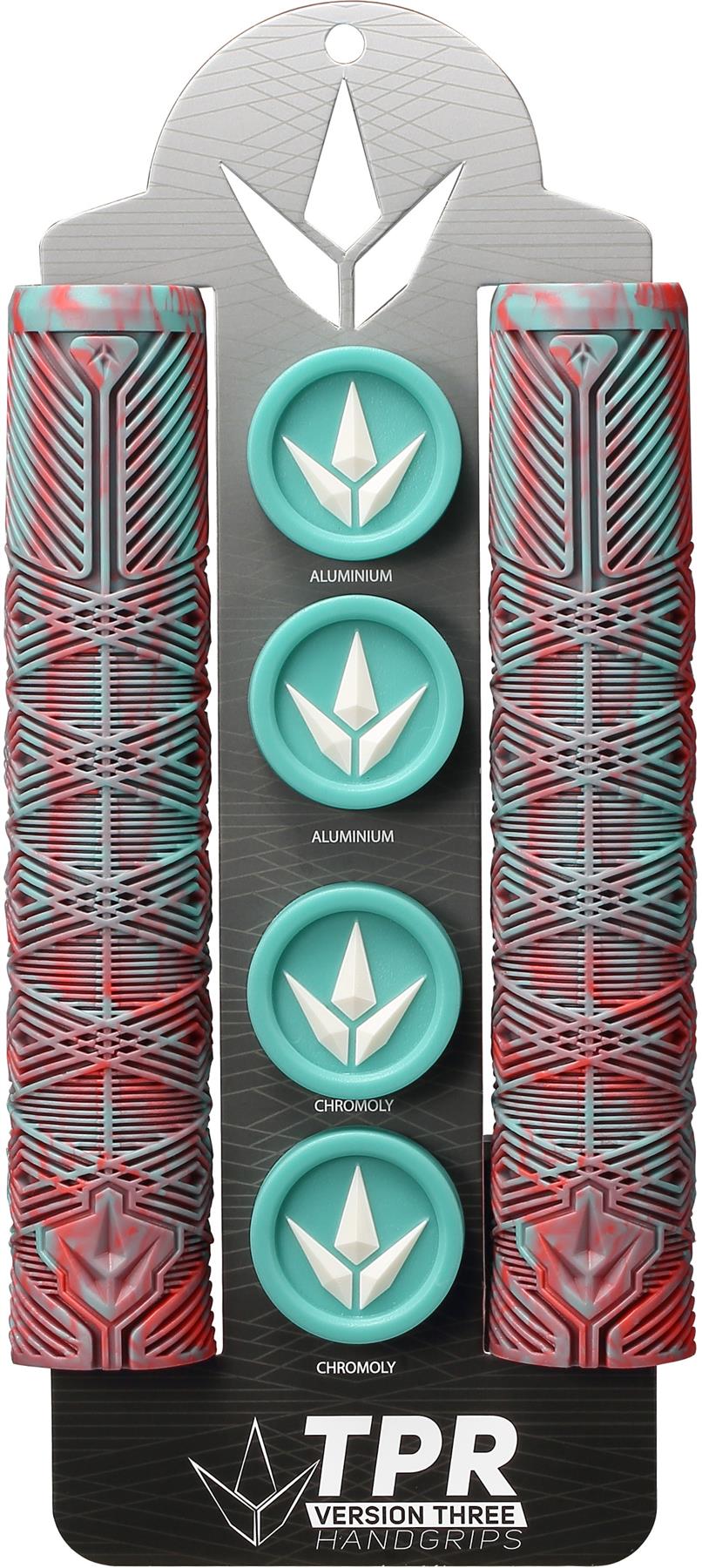 Two patterned, multicolored Blunt Envy V3 Blue / Red Stunt Scooter Grips (160mm) with turquoise end caps are displayed on a card labeled "TPR Version Three Handgrips." These accessories feature red, gray, and teal geometric designs.