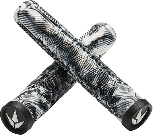 Two black, white, and gray marbled Blunt Envy V3 160mm stunt scooter grips are crossed, each with a black cap featuring a white geometric logo—ideal for upgrading your Blunt Envy or any scooter handlebars.