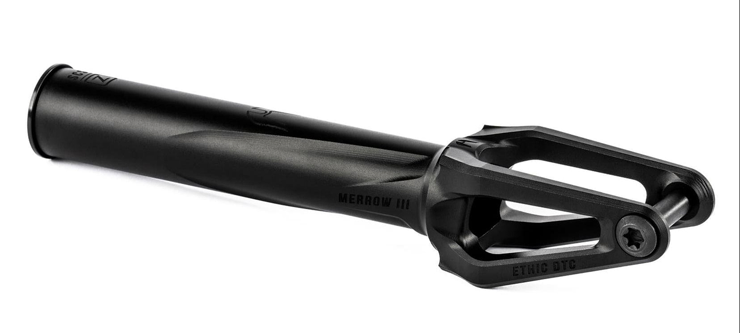 The Ethic DTC Merrow V3 SCS Stunt Scooter Fork in black, made from 7075 aluminium, features a cylindrical steerer tube and open geometric design with "MERROW III" and "ETHIC DTC" labels. Among the lightest forks, shown on a white background.