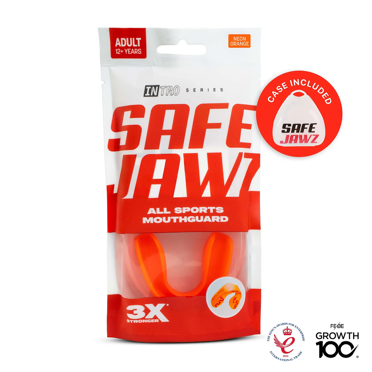 A pack of Safejawz Intro Series Protection Mouthguard in Fluro Orange for ages 12+, offers jaw stability, comfort, "3X stronger" protection, includes a case, and displays award logos at the bottom right.