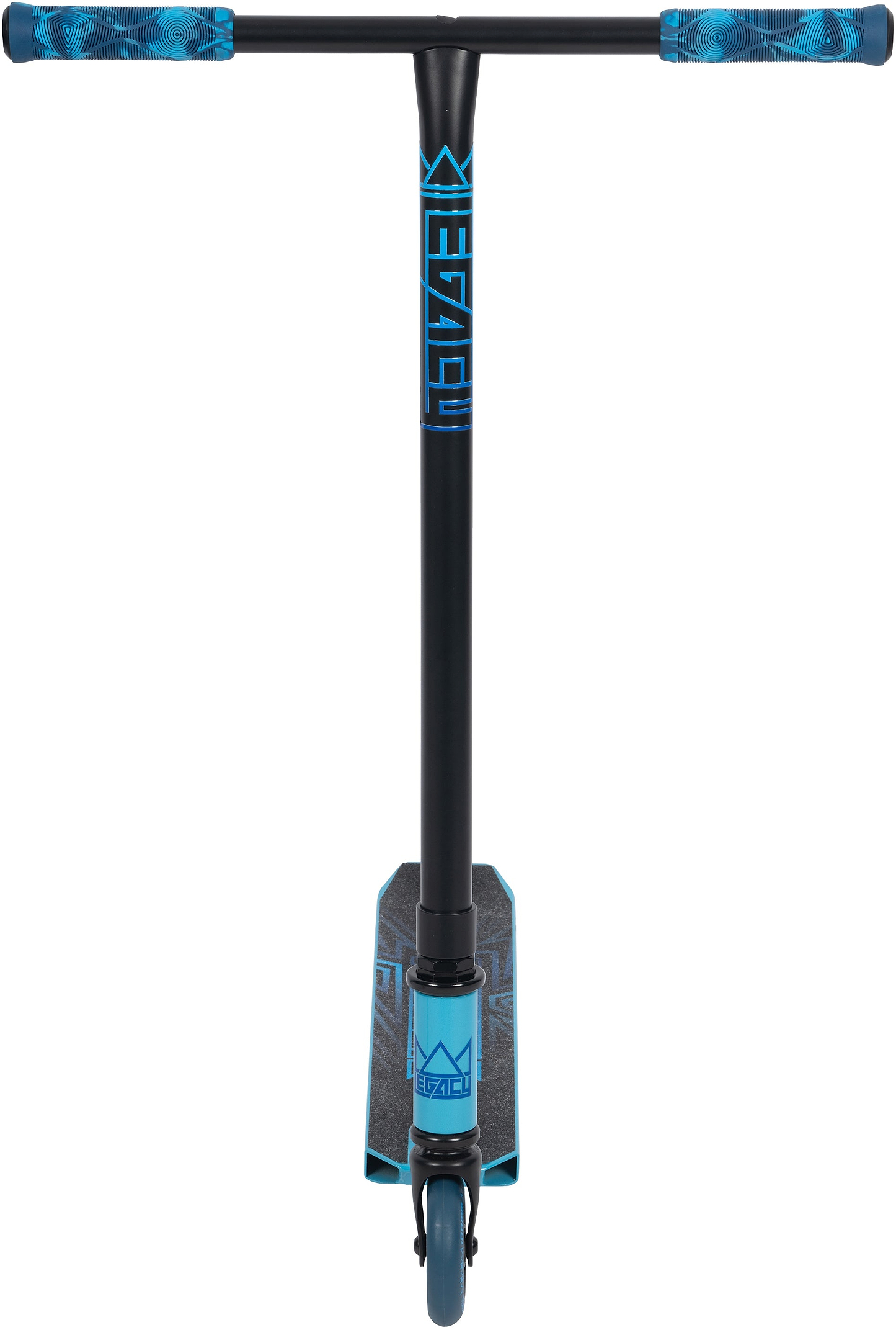 Front view of the Legacy Raze Complete Stunt Scooter in blue/black by Legacy, with patterned blue handlebar grips, a blue front wheel, and "LEGACY" branding—ideal as a kids scooter for learning new stunts.