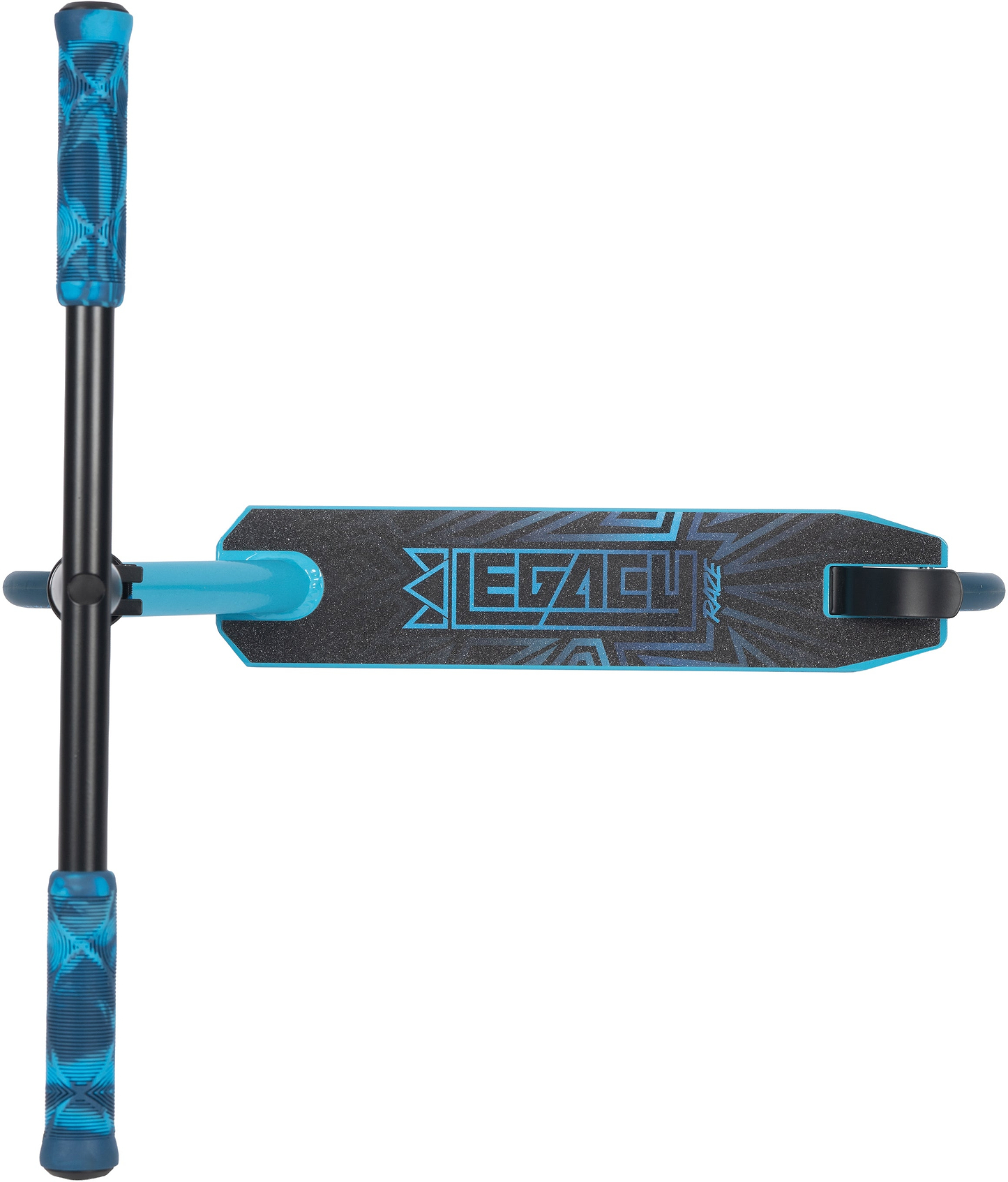 The Legacy Raze Complete Stunt Scooter by Legacy, in blue and black, is an entry-level park scooter featuring blue handlebar grips and a deck with “LEGACY” boldly displayed.