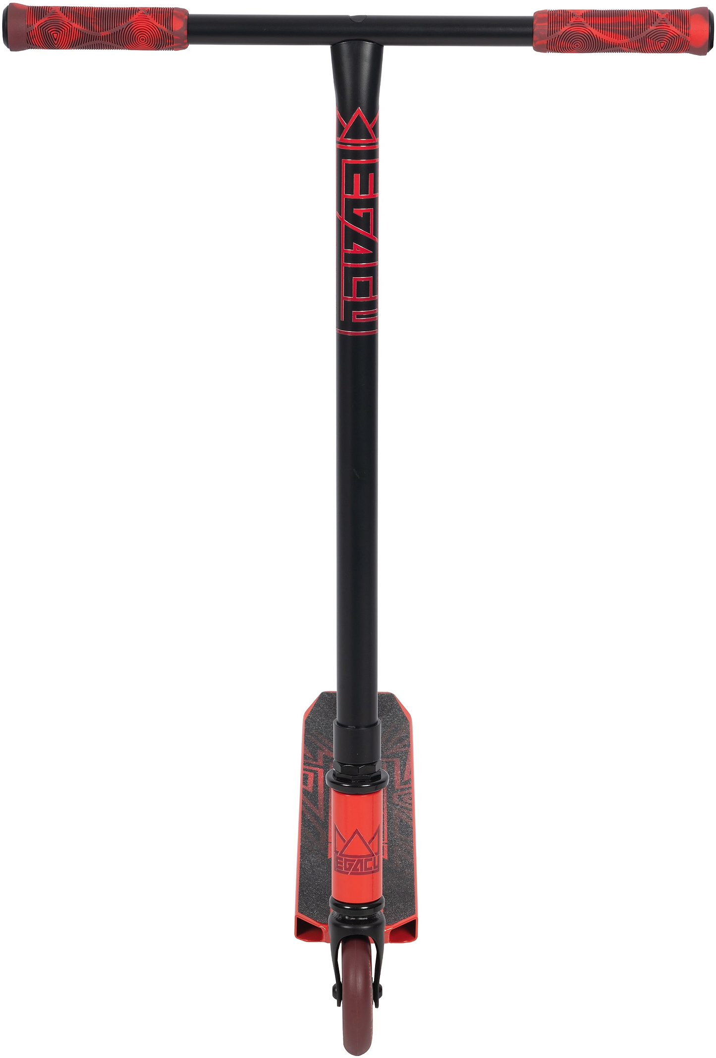 The Legacy Raze Complete Stunt Scooter by Legacy in red and black features red handlebar grips, a black T-bar with "FUZION" written vertically, a black deck with red accents, and a single front wheel.