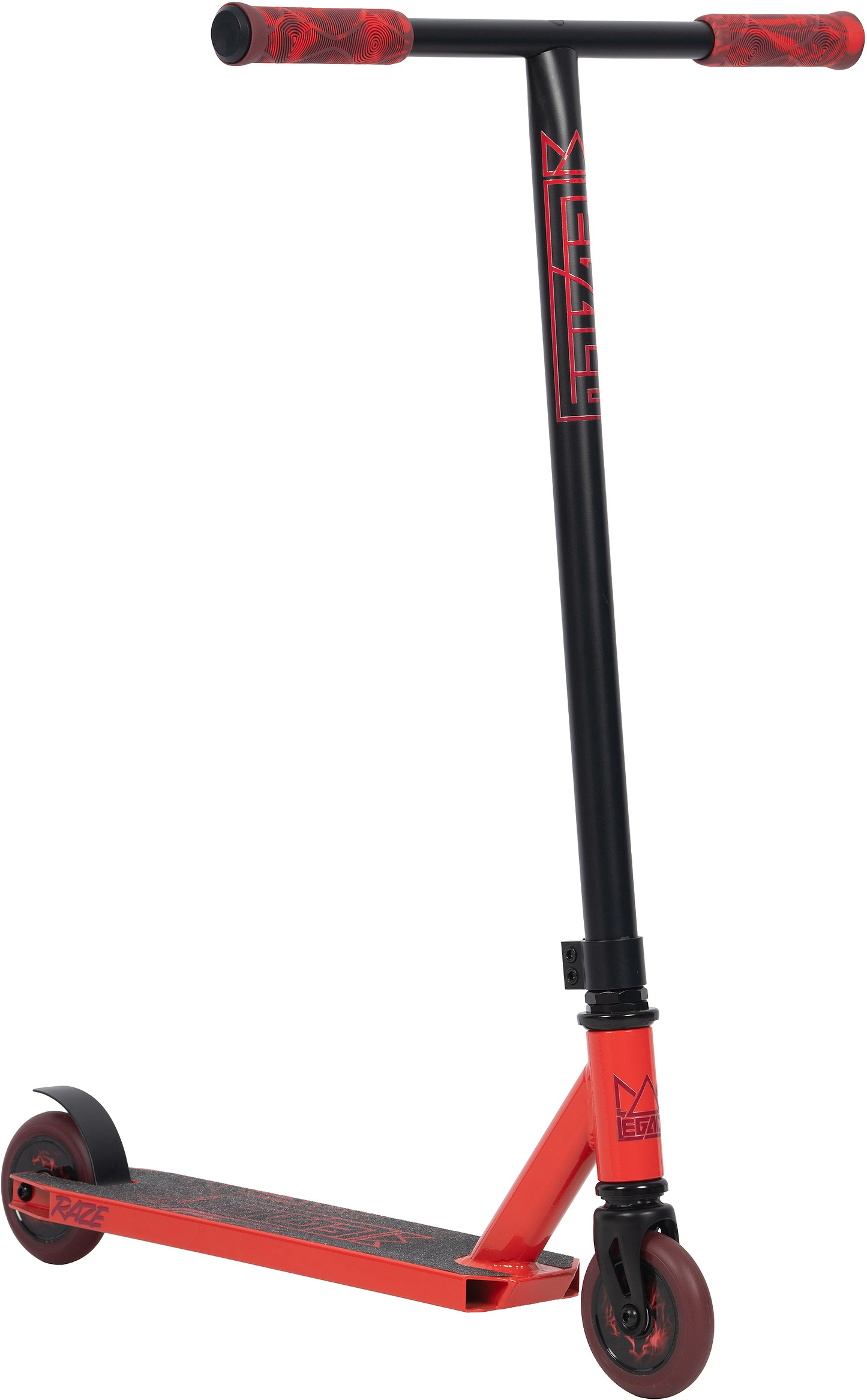 The Legacy Raze Complete Stunt Scooter by Legacy features a black handlebar, red grips, a red deck with black accents, and black-accented wheels. Its modern, angular design makes it ideal for kids just starting out.