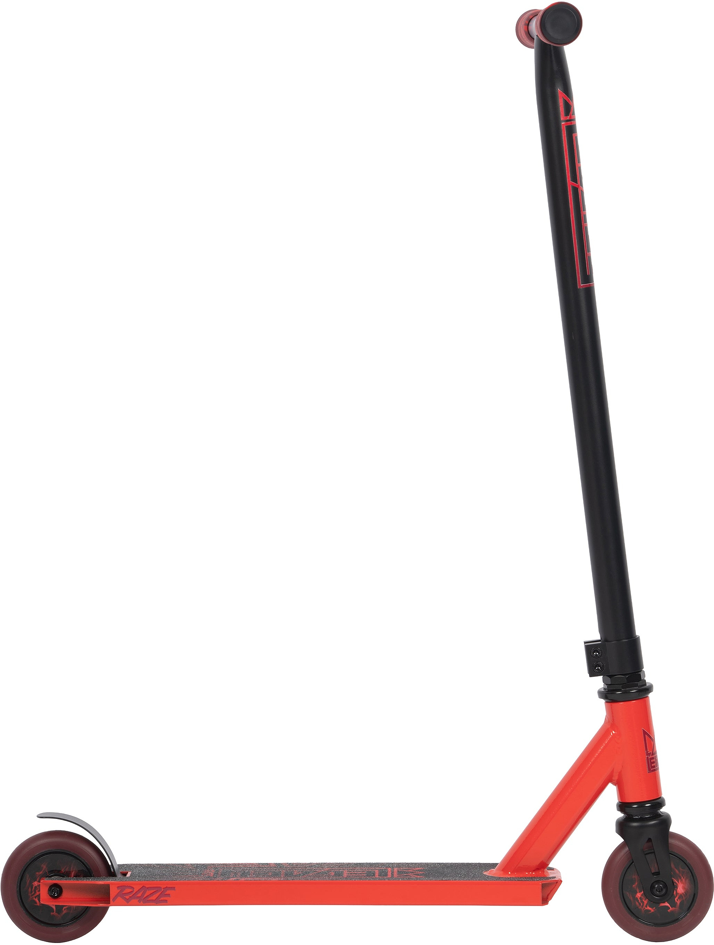 The Legacy Raze Complete Stunt Scooter in red and black by Legacy is an entry-level kids scooter, featuring a black handlebar, red hand grips, red wheels, a red grip deck, and a metal rear wheel brake.