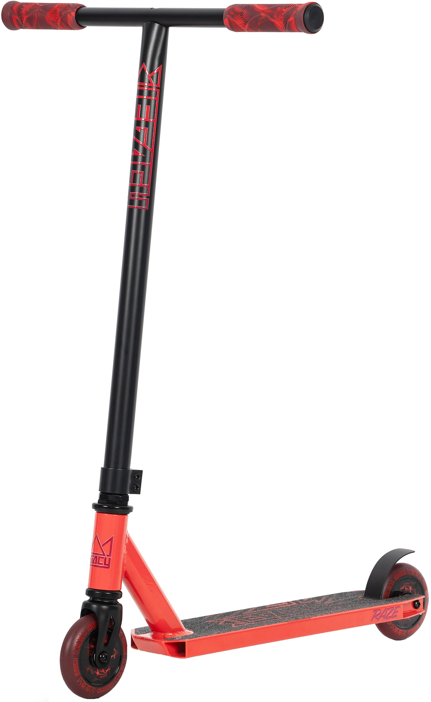The Legacy Raze Complete Stunt Scooter by Legacy features a red and black design with T-shaped handlebars, red grips, a black deck with red graphics, two small red wheels, and a rear fender brake—ideal for kids learning new tricks.
