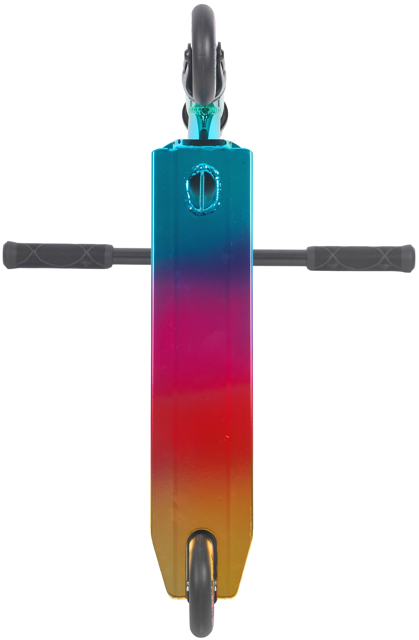 The Legacy Raze Complete Stunt Scooter - Oil Slick from Legacy features a teal, pink, and orange gradient deck with black grips, making it the perfect eye-catching stunt scooter for kids who love a bold oil slick style.