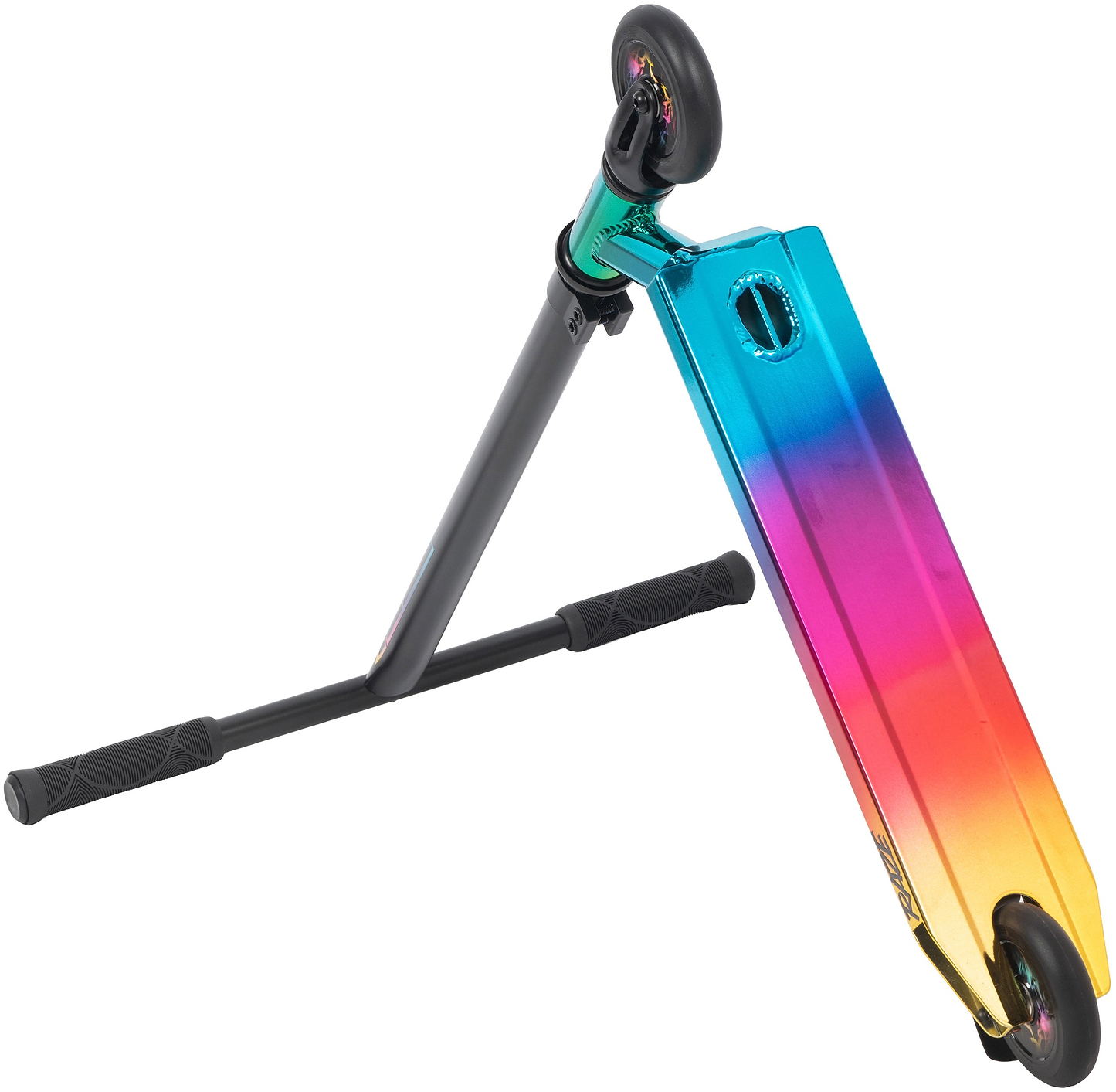 The Legacy Raze Complete Stunt Scooter - Oil Slick by Legacy features a vibrant gradient deck in blue, pink, orange, and yellow, black handlebars with grips, and black wheels. Shown on its side against a white background.