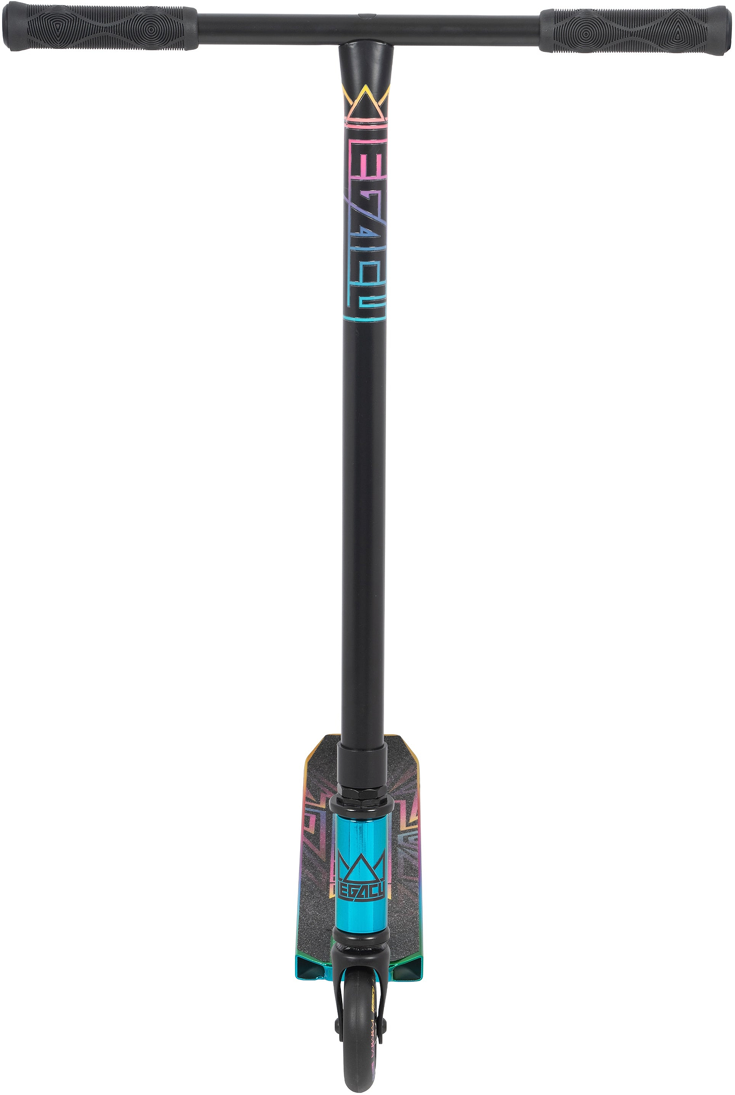 The Legacy Raze Complete Stunt Scooter - Oil Slick by Legacy features rainbow iridescent graphics on the neck and deck, plus black grips and a black handlebar—ideal as an entry-level stunt scooter for young riders.