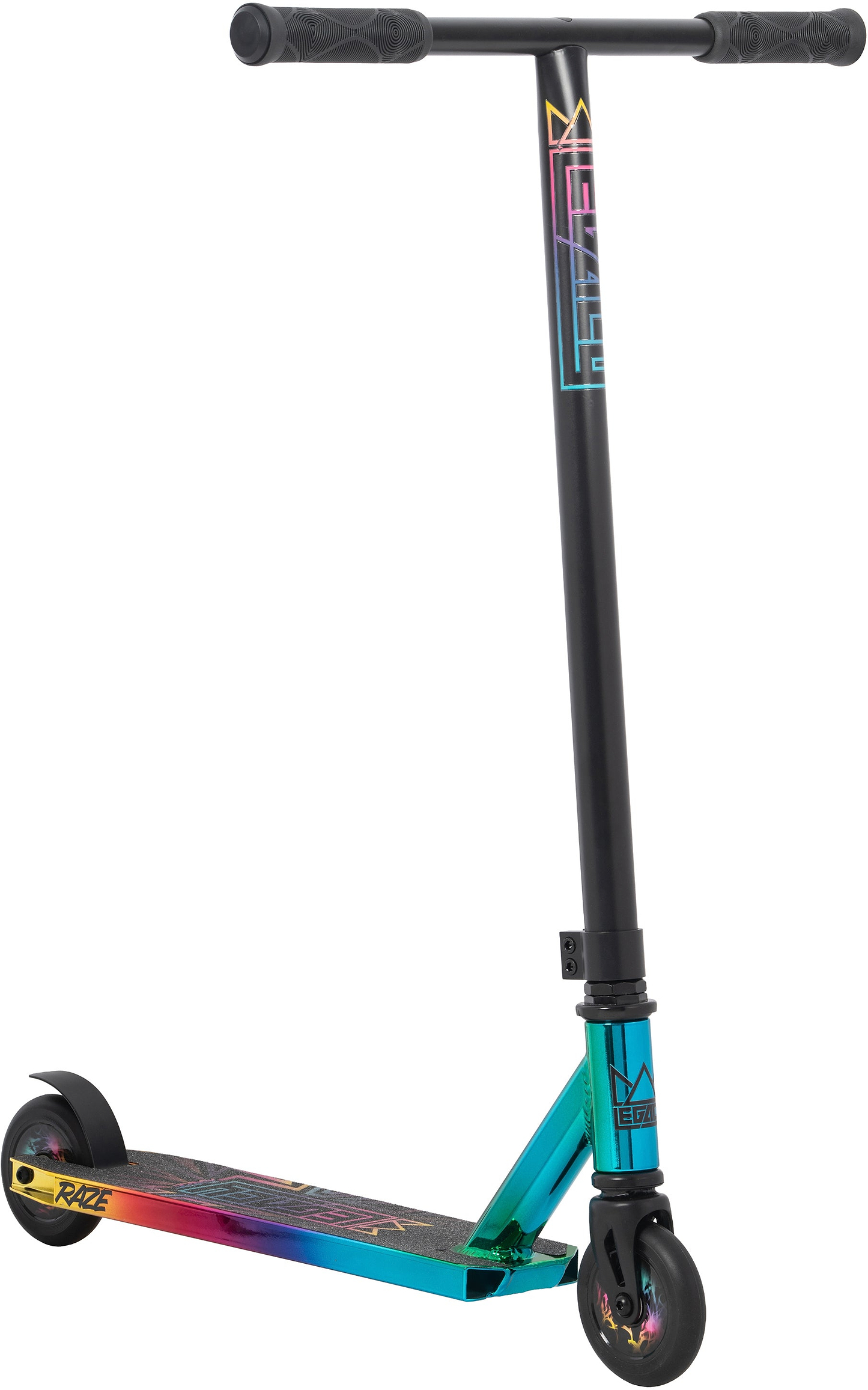 The Legacy Raze Complete Stunt Scooter - Oil Slick by Legacy features a black handlebar, an oil slick deck in blue, teal, pink, and yellow with a graphic and RAZE logo near the rear wheel, plus black wheels—ideal for budding riders.