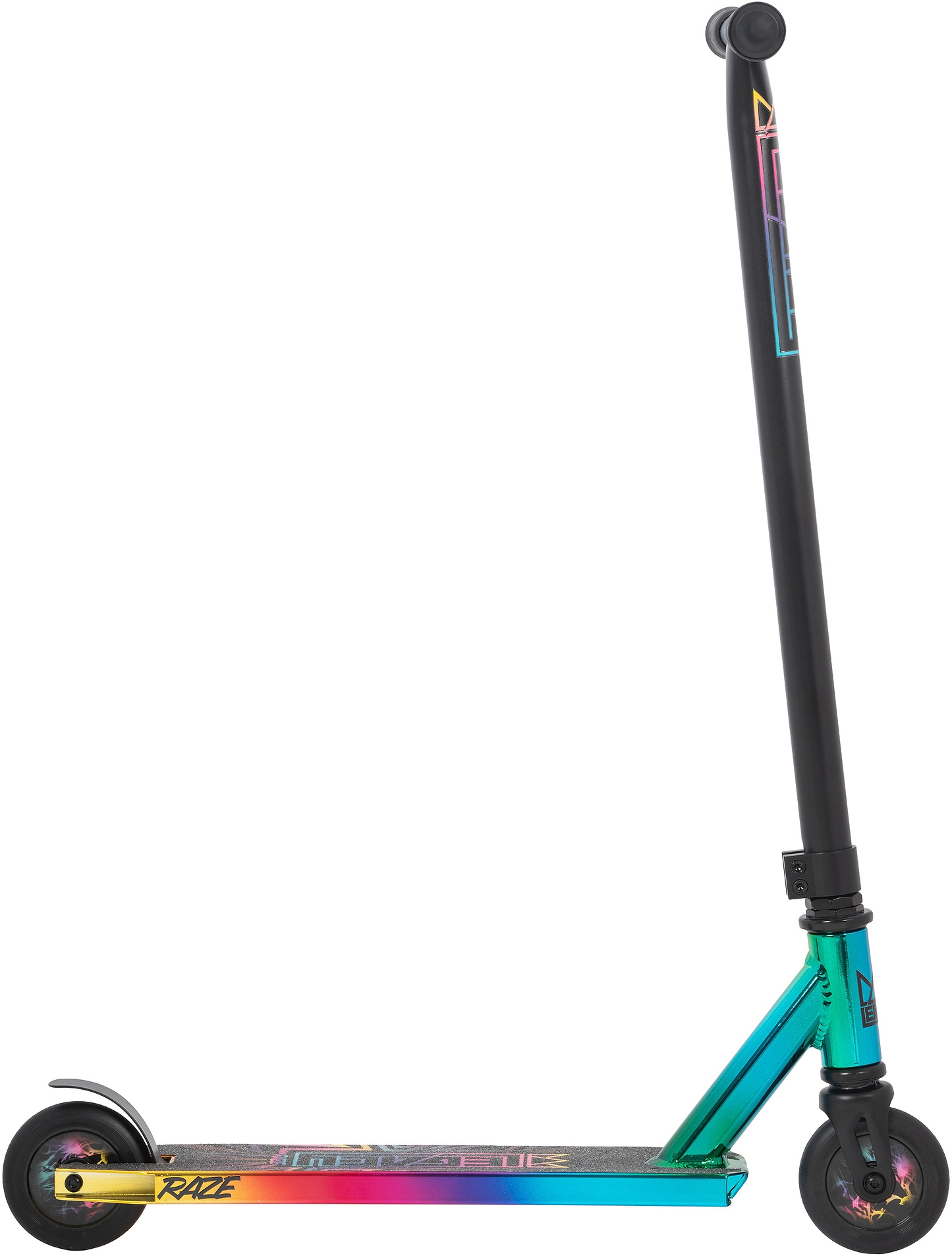 The Legacy Raze Complete Stunt Scooter - Oil Slick by Legacy features a black handlebar, rainbow gradient deck with "RAZE" branding, two small wheels, and a rear fender brake, making it ideal as an entry-level stunt scooter for kids.