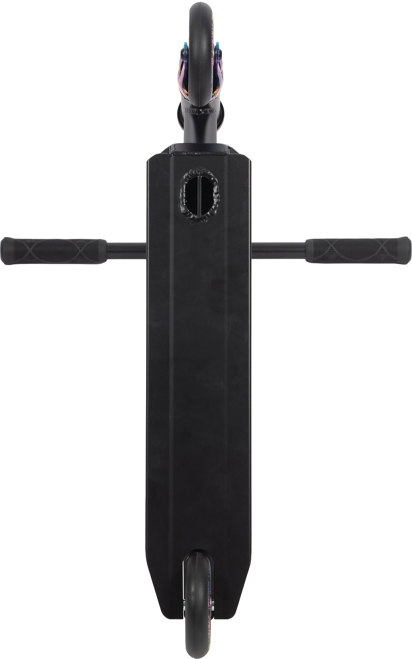Top-down view of the Legacy Raze Complete Stunt Scooter by Legacy in Black/Oil Slick, featuring two side-extending handlebars and visible front and rear wheels.