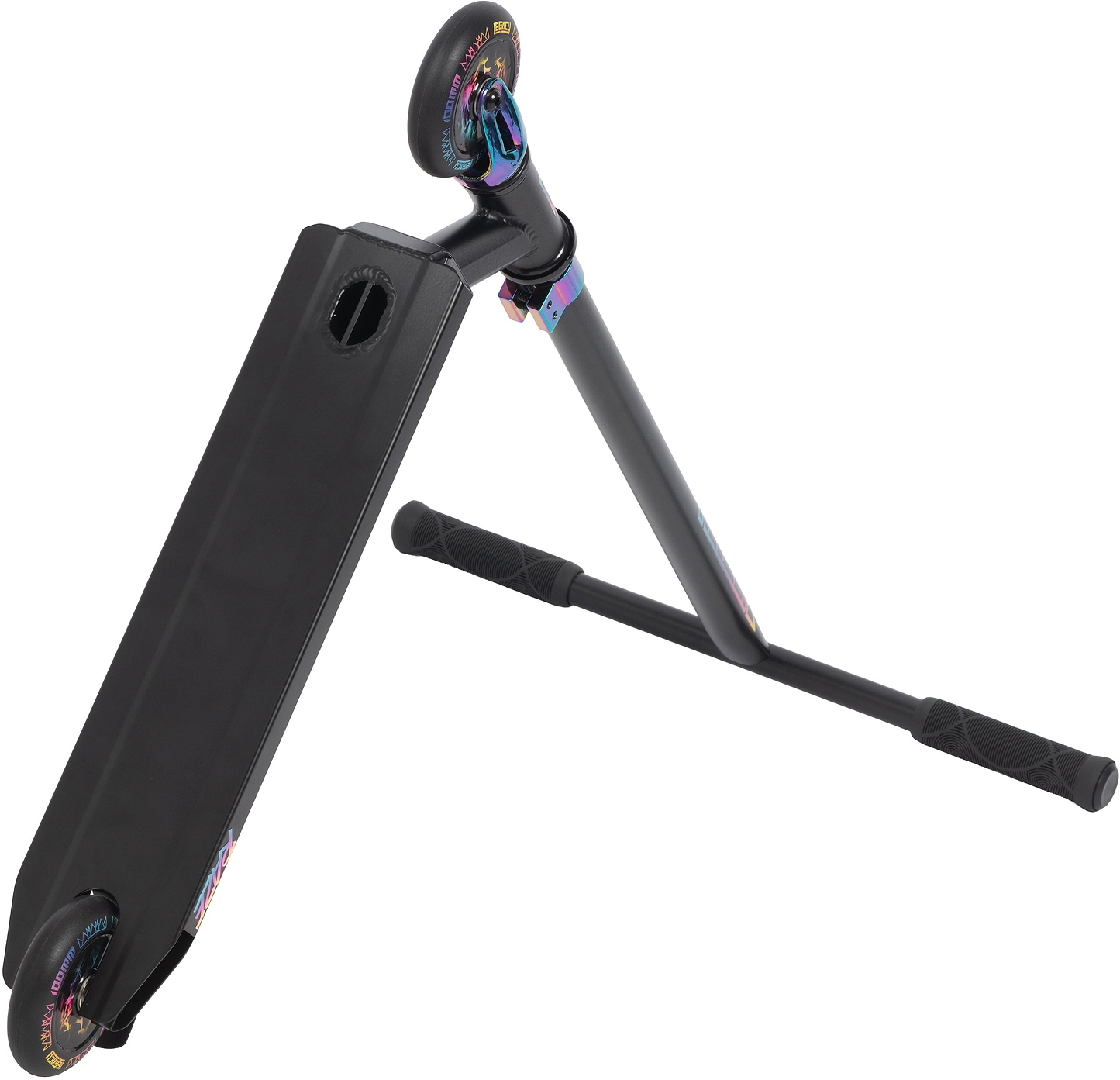 The Legacy Raze Complete Stunt Scooter by Legacy features a black frame with oil slick accents on the wheels and clamp, shown with one wheel elevated to highlight its deck and handlebars.