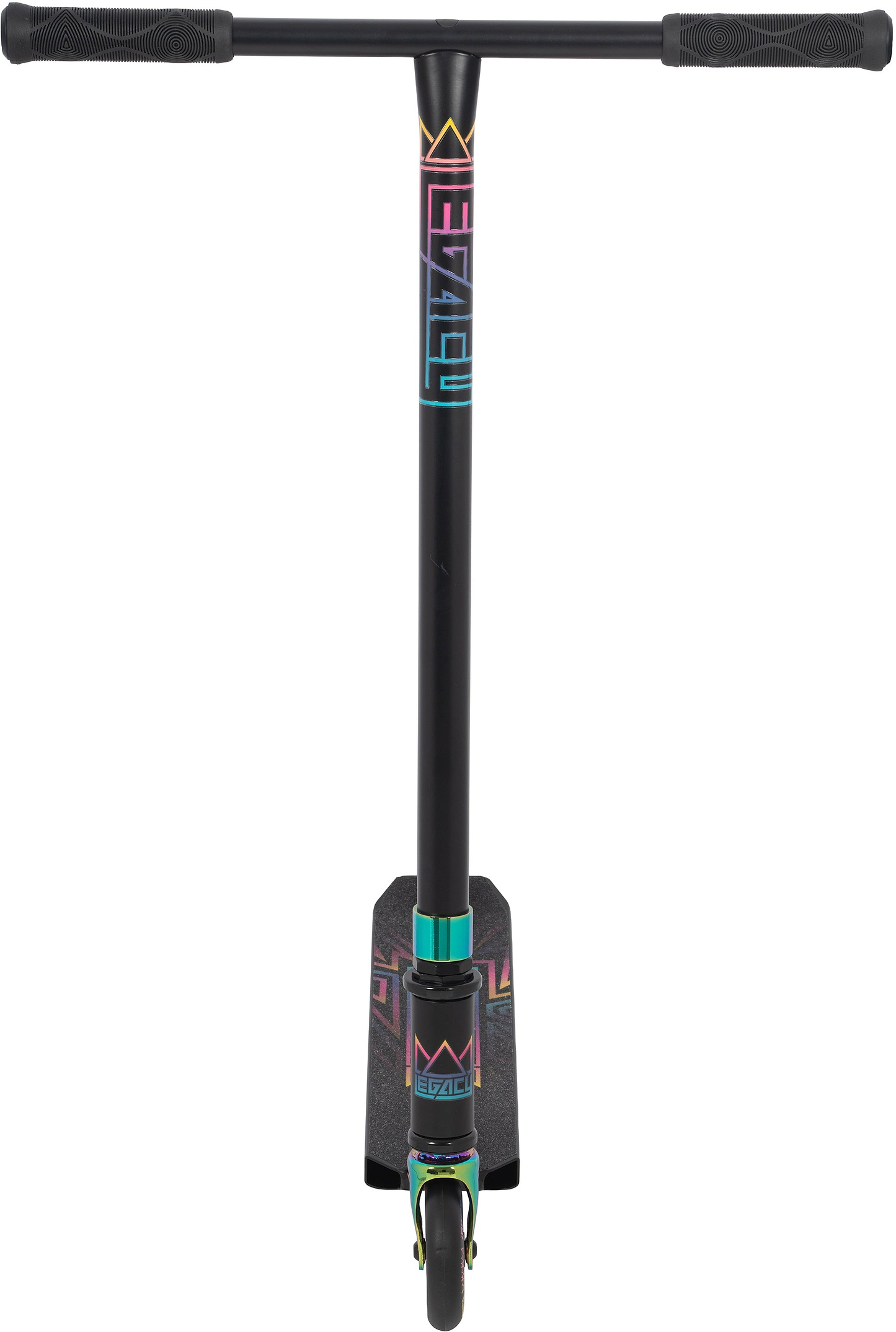 Front view of the Legacy Raze Complete Stunt Scooter by Legacy in Black / Oil Slick, featuring rainbow accents, a flat handlebar with textured grips, single front wheel, and a geometric logo—perfect as a kids stunt scooter.