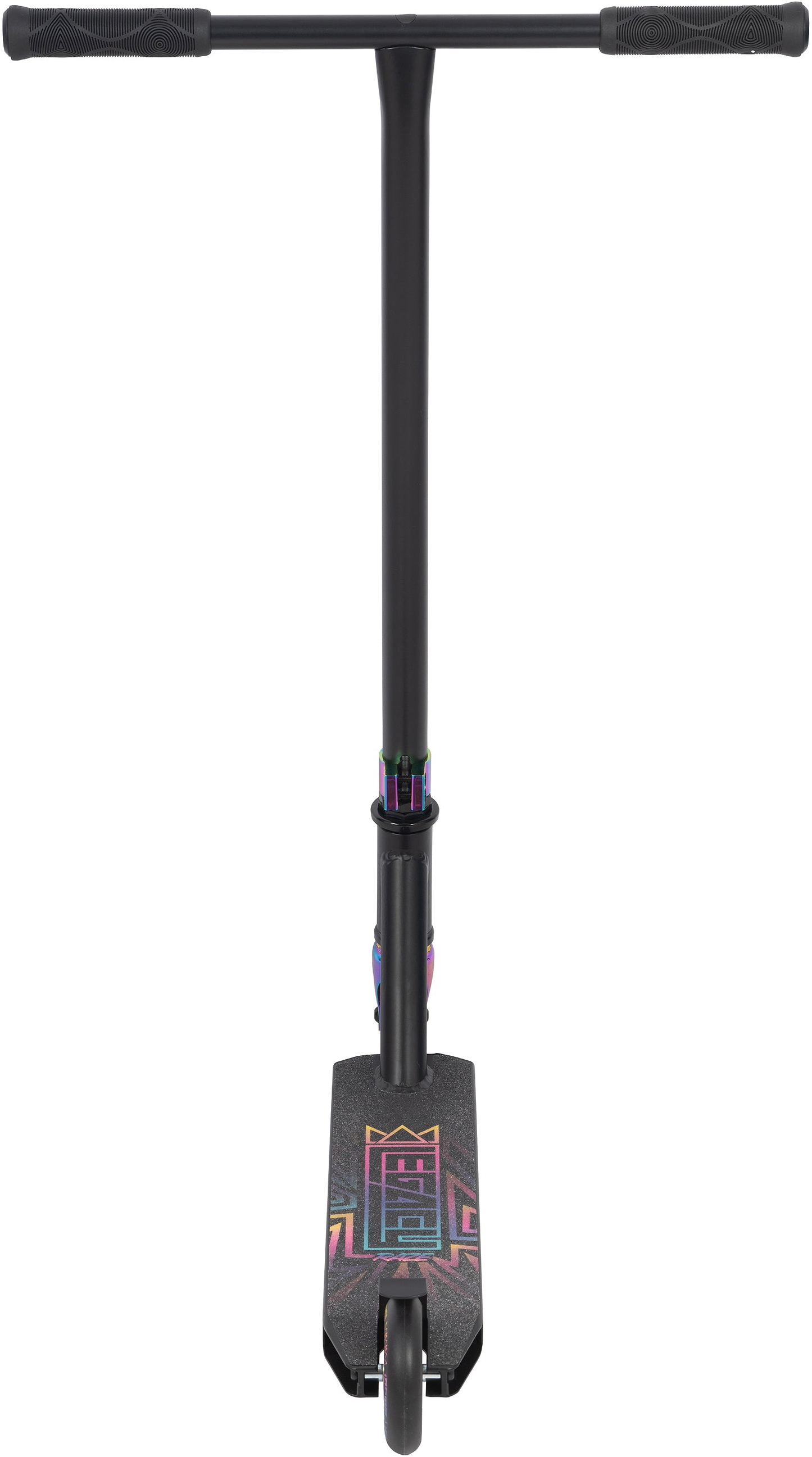 The Legacy Raze Complete Stunt Scooter by Legacy features a black design with oil slick accents, a graphic-covered deck, and grip tape—perfect for entry-level riders.