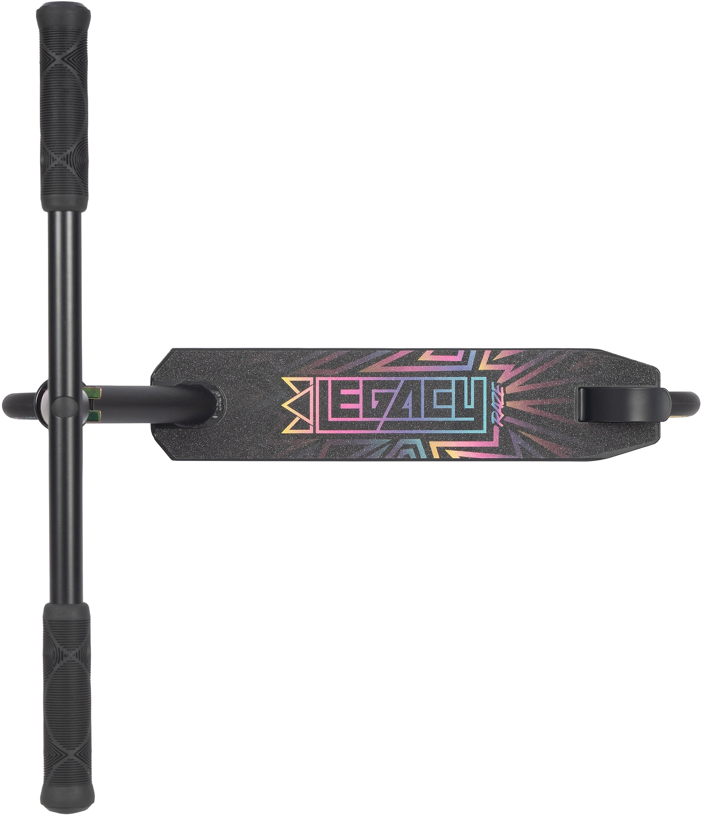 Top view of the Legacy Raze Complete Stunt Scooter by Legacy, featuring a textured foot deck with colorful "LEGACY" text and geometric patterns. The black/oil slick kids stunt scooter has a T-shaped handlebar with comfy rubber grips.