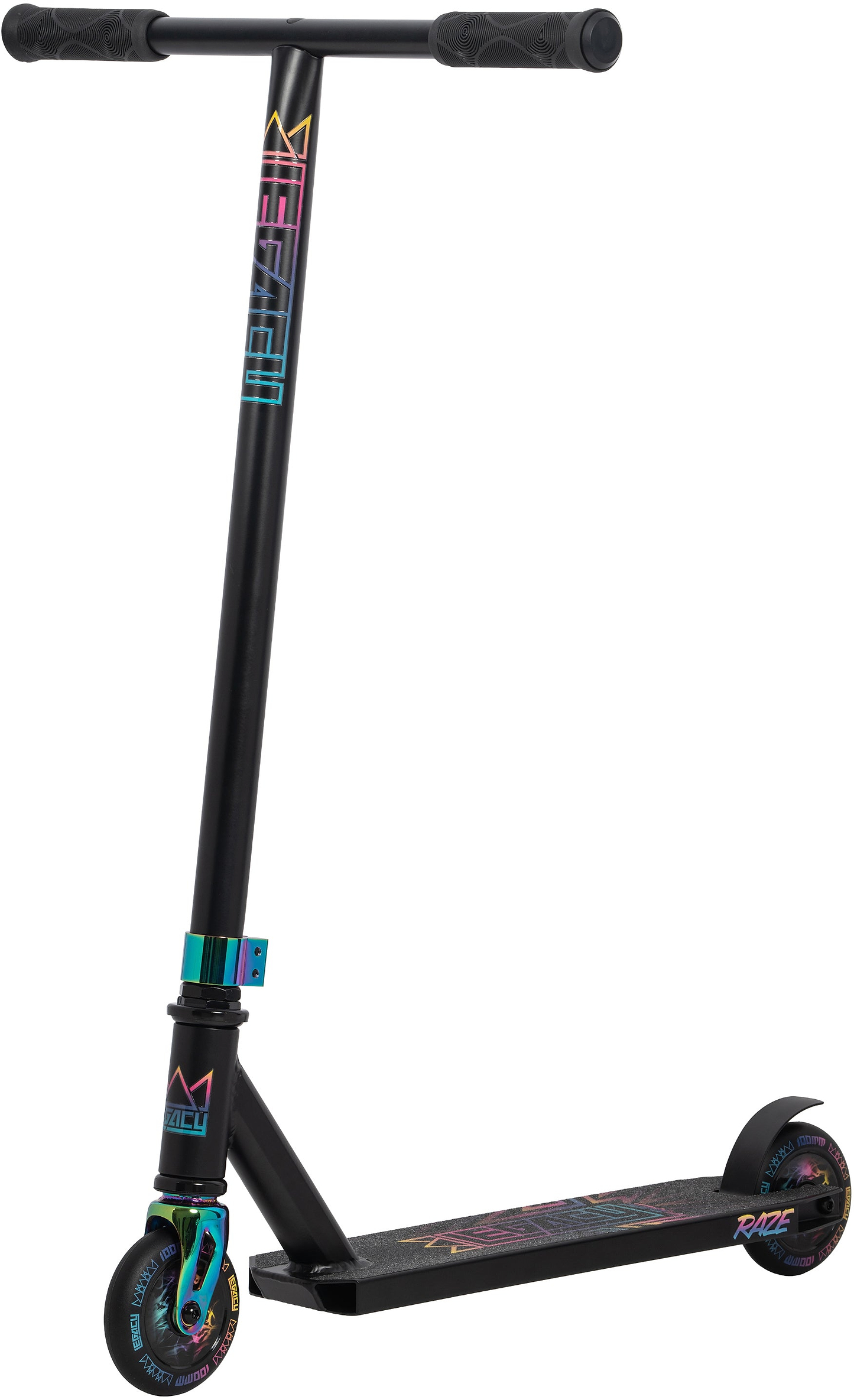 The Legacy Raze Complete Stunt Scooter - Black / Oil Slick features a black frame, rainbow (oil slick) deck and clamp accents, black handlebar grips, and vibrant multicolored wheels—offering kids a modern, eye-catching ride.