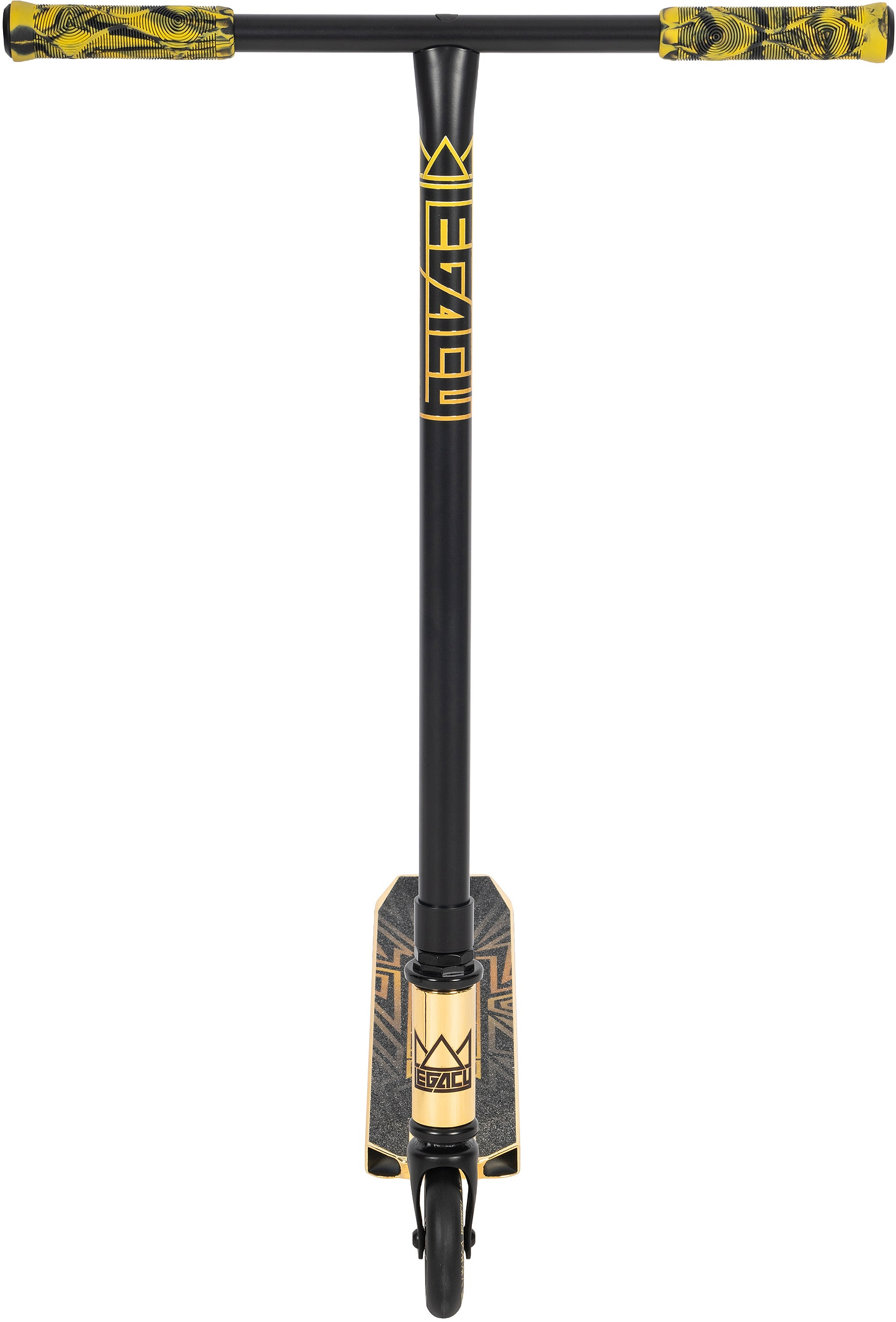 The Legacy Raze Complete Stunt Scooter by Legacy in gold and black is pictured front-on, showing its wide handlebar with patterned grips, sturdy deck with a crown logo, and single front wheel—ideal for kids and new riders.