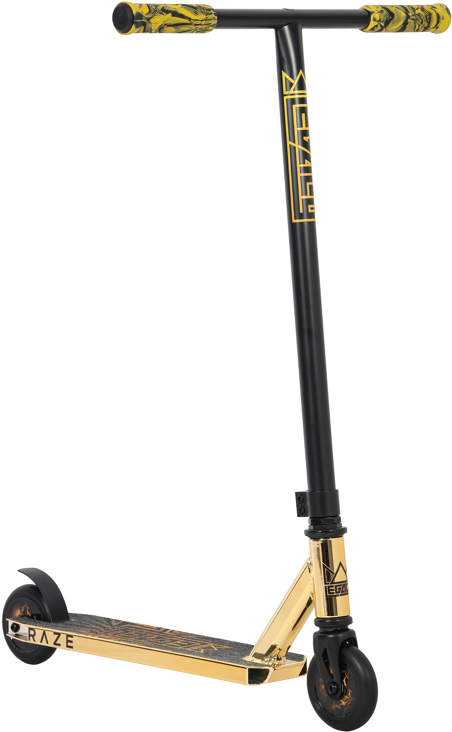 The Legacy Raze Complete Stunt Scooter in gold and black features yellow patterned grips and a gold logo on the down tube—ideal as a kids’ entry-level scooter for learning first tricks.