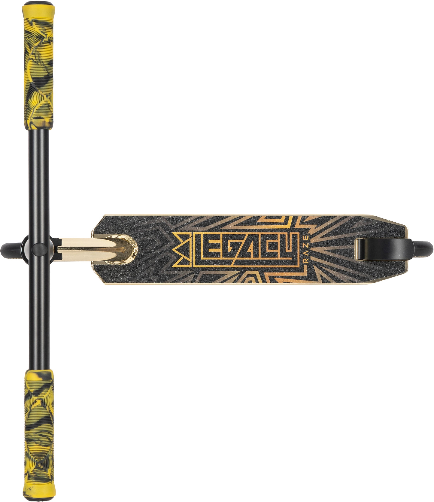 A top-down view of the Legacy Raze Complete Stunt Scooter by Legacy in gold and black, featuring black handlebars with yellow-black patterned grips and a black deck with a gold geometric design and "LEGACY" text.