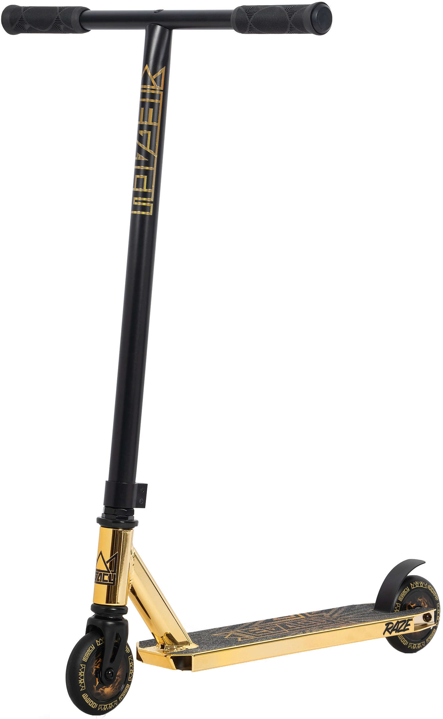 The Legacy Raze Complete Stunt Scooter by Legacy, in gold and black, features a T-bar handle with black grips, a gold deck, and black wheels. It is shown upright on a white background.