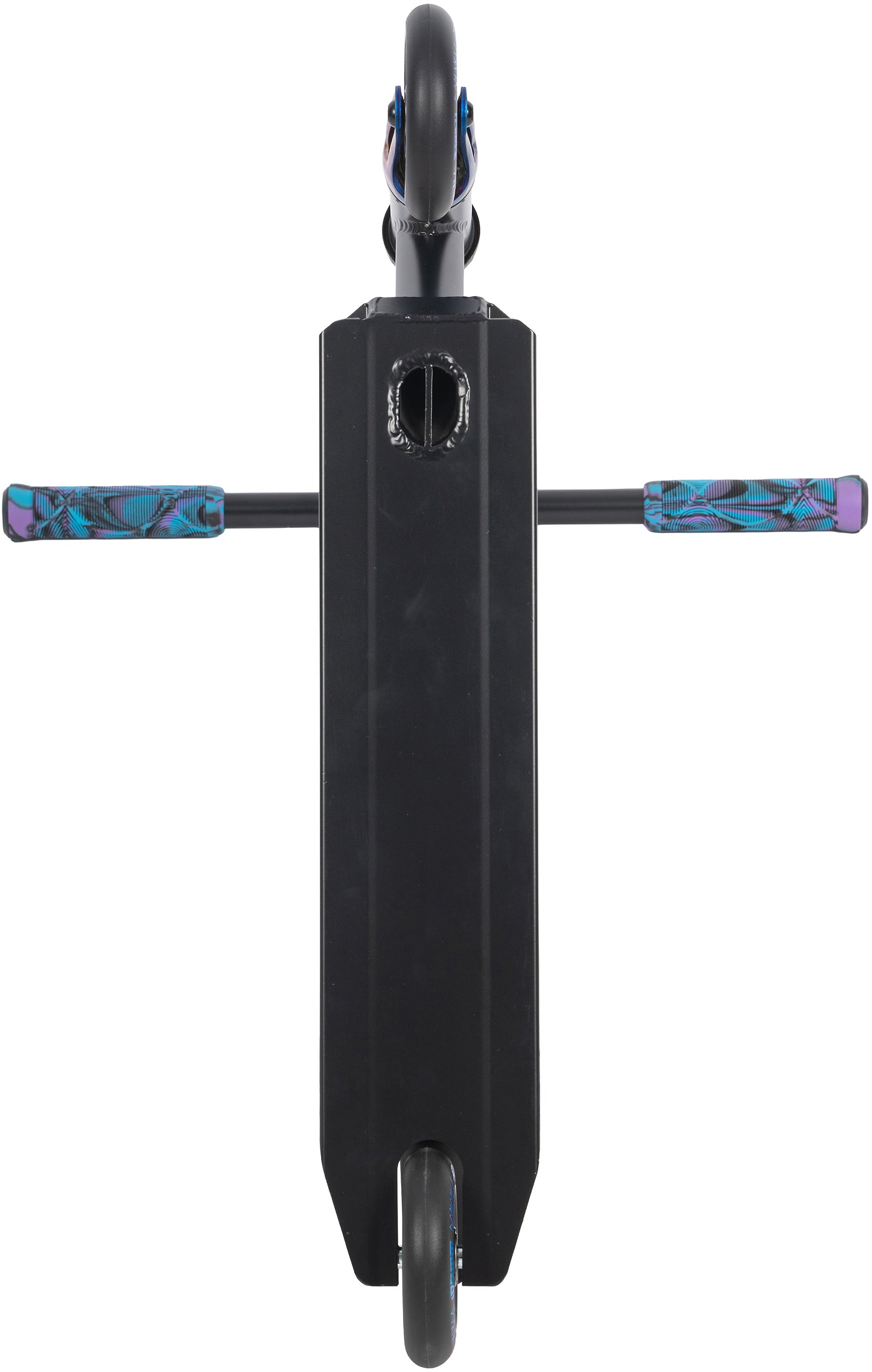 Top-down view of the Legacy Raze Complete Stunt Scooter - Blue Ray / Black by Legacy, designed for beginners. Features black with purple and teal grips, and a black wheel with blue accents.