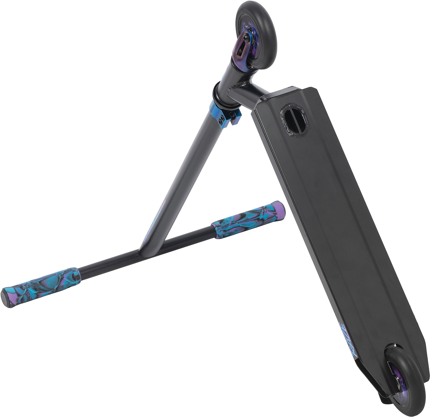 The Legacy Raze Complete Stunt Scooter - Blue Ray / Black by Legacy features a black frame with purple and teal grips and iridescent blue hardware, perfect for beginner riders.