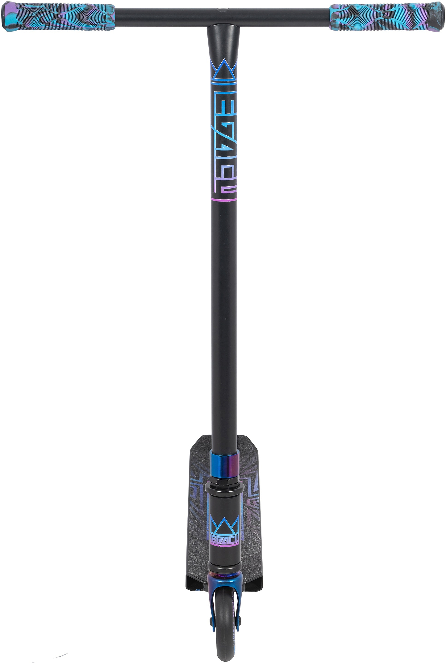 Front view of the Legacy Raze Complete Stunt Scooter in Blue Ray/Black by Legacy. Features wide handlebars with patterned grips, a single front wheel, and a geometric deck design—ideal for kids starting to learn tricks.