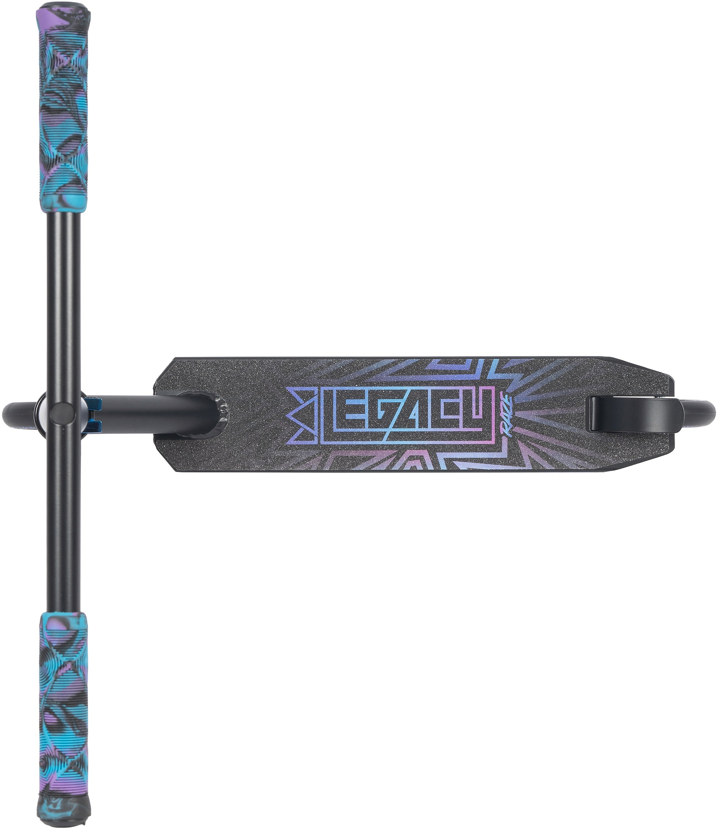 Top-down view of the Legacy Raze Complete Stunt Scooter - Blue Ray / Black by Legacy, featuring a deck with bold "LEGACY" lettering and vibrant blue and purple grips on either side of the handlebar.