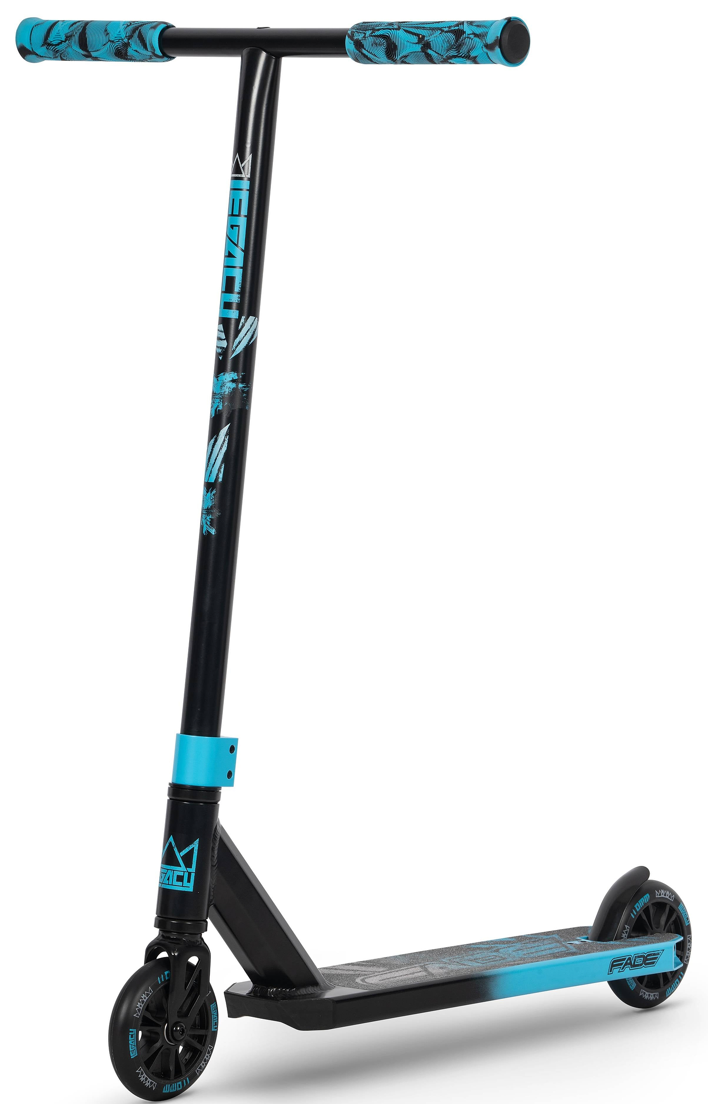 The Legacy Fade Complete Stunt Scooter by Legacy, in black and blue, features a reinforced handlebar, graphic design, small wheels, and a textured deck—ideal for beginners. Shown on a white background.