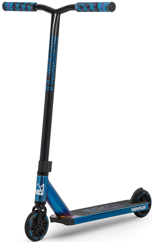 The Legacy Ventus Complete Stunt Scooter - Blu Ray Chrome features a wide handlebar, patterned blue grips, black wheels, "VENTUS" deck branding, blue geometric graphics on a reinforced frame—perfect for stunt scooter tricks.