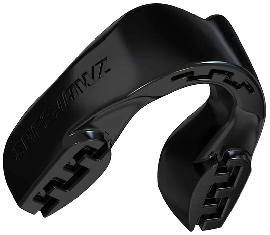 The Safejawz Intro Series Protection Mouthguard - Black features textured inner grips and jaw stabilization, with the Safejawz brand name embossed on the side, providing a secure and comfortable fit over upper teeth.