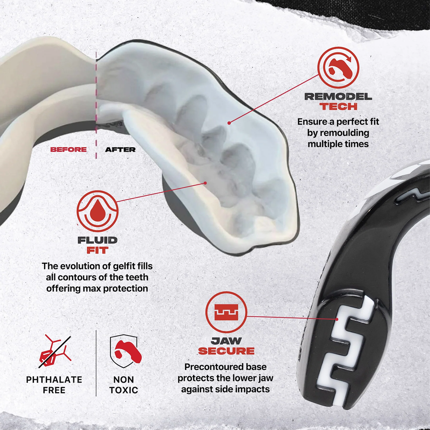 The Safejawz Extro Series Protection Mouthguard - Fangz by Safejawz features Remodel Tech for a customizable fit, hi-impact Fluid Fit protection, Jaw Secure for lower jaw support, and is phthalate-free and non-toxic.