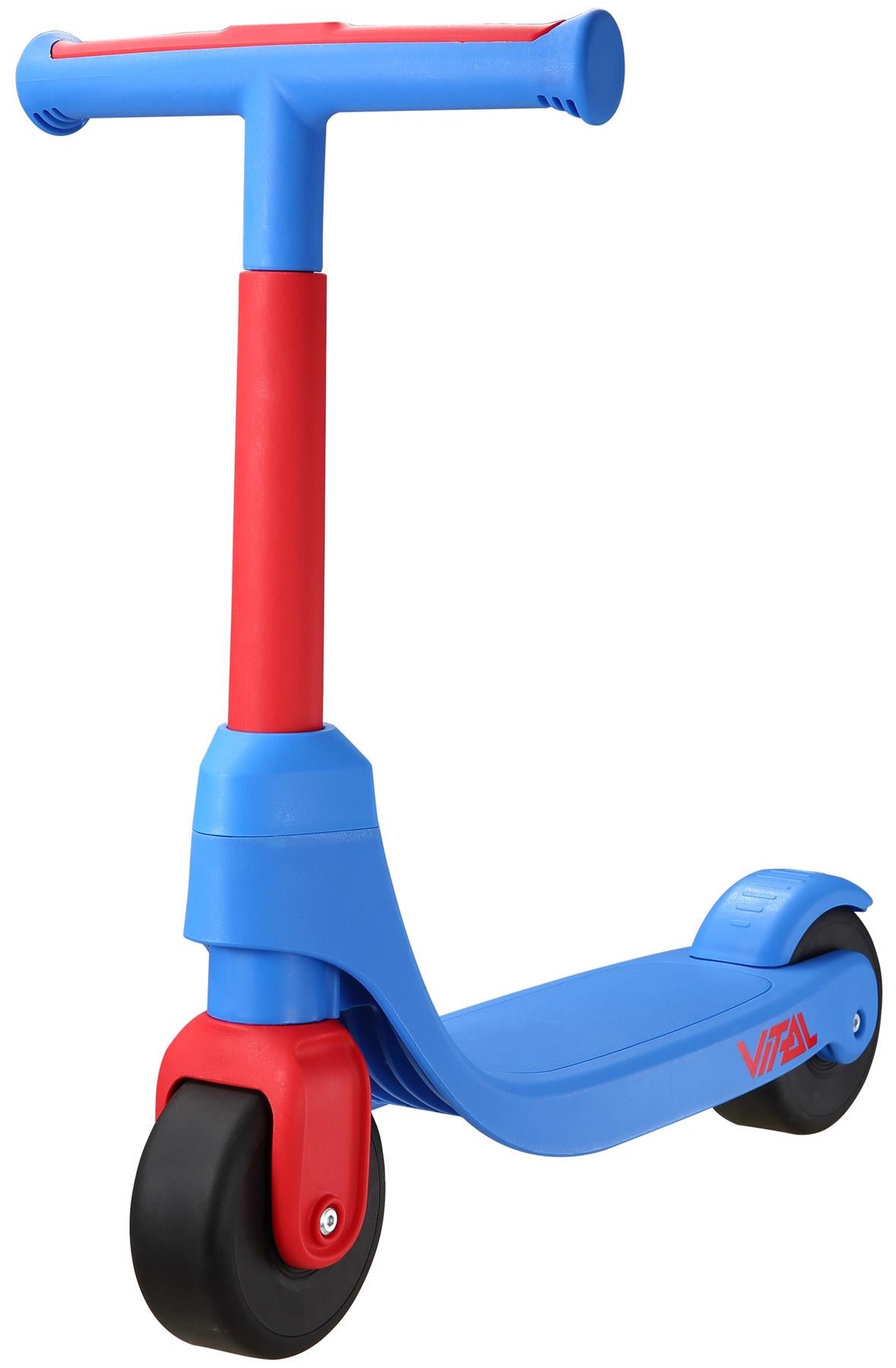 The Vital First Kids Scooter - Red / Blue features three wheels, black front tires, and "VITAL" on the deck—ideal for young riders.