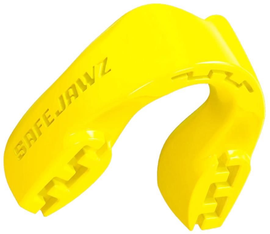 The Safejawz Intro Series Protection Mouthguard in Fluro Yellow offers a comfortable fit and shields teeth during sports. "SAFEJAWZ" is embossed on the side for brand identity.