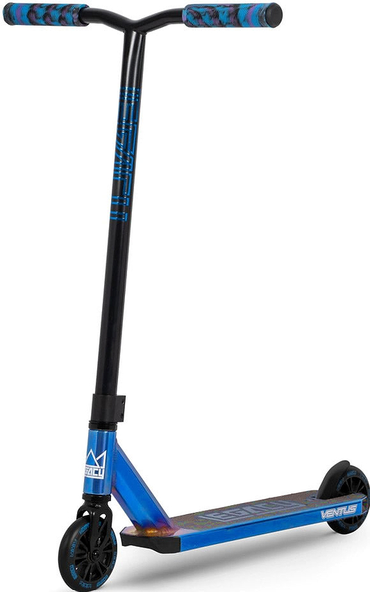 The Legacy Ventus Complete Stunt Scooter - Blu Ray Chrome by Legacy features a T-shaped handlebar, colorful grips, two small wheels, and a deck with "VENTUS" and geometric design—ideal for skatepark tricks.