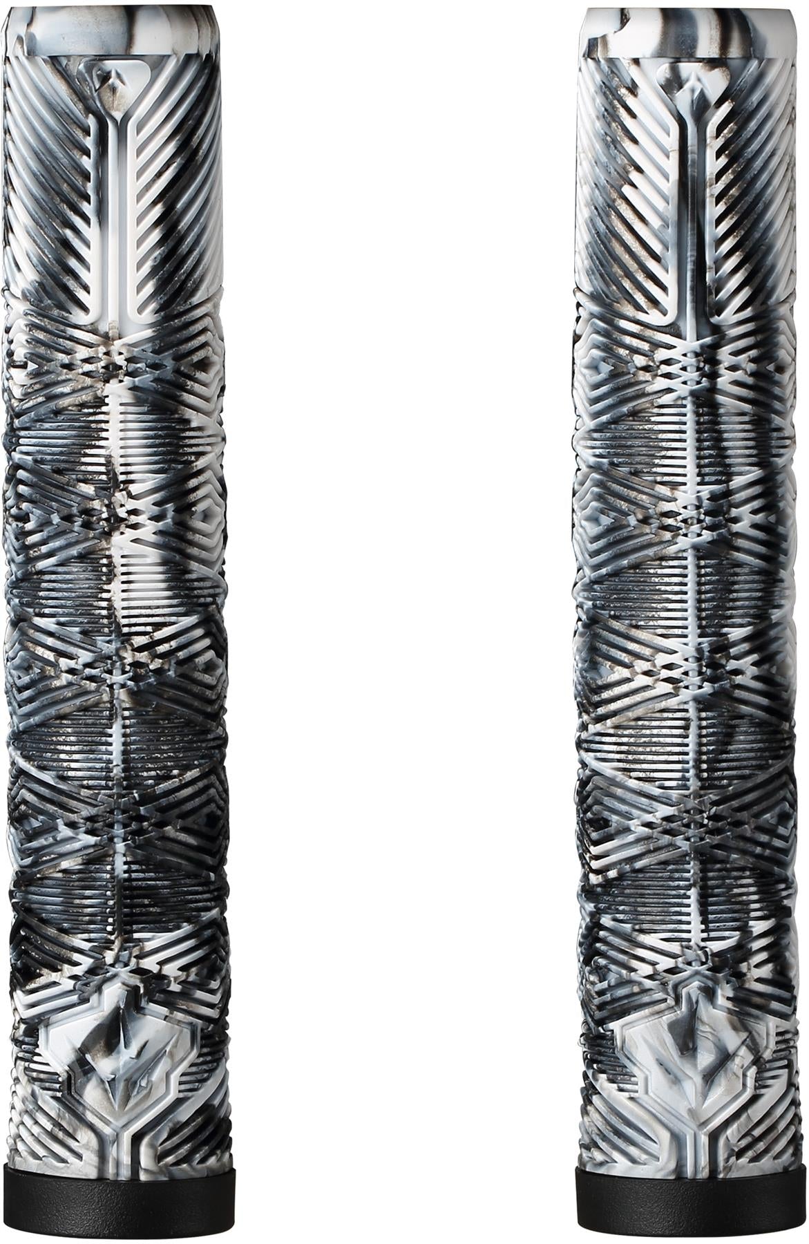 The Blunt Envy V3 Black / White Stunt Scooter Grips (160mm) feature a geometric black and white pattern, textured angular designs for grip, and black end caps. Inspired by stunt scooter grips, they're shown standing vertically side by side.