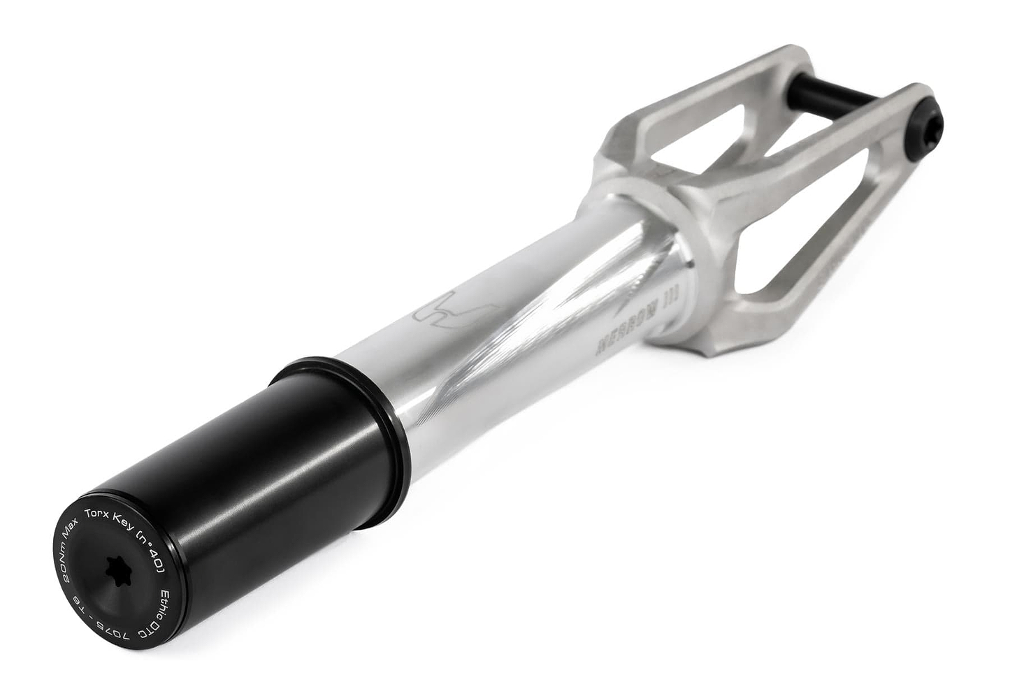 The Ethic DTC Merrow V3 HIC Stunt Scooter Fork in Raw Silver, made by Ethic from 7075 aluminium, features a black axle cap, open geometric frame, cylindrical section, and is designed to be the lightest fork in the world.