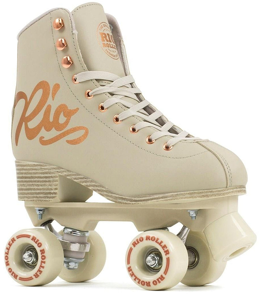 The Rio Roller Rose Quad Roller Skates - Rose Cream from Rio Roller showcase a high ankle boot design in beige, embellished with rose gold accents and the elegant "Rio" script on the side. Featuring four cream-colored wheels and a wooden heel, these skates perfectly blend elegance with retro style.