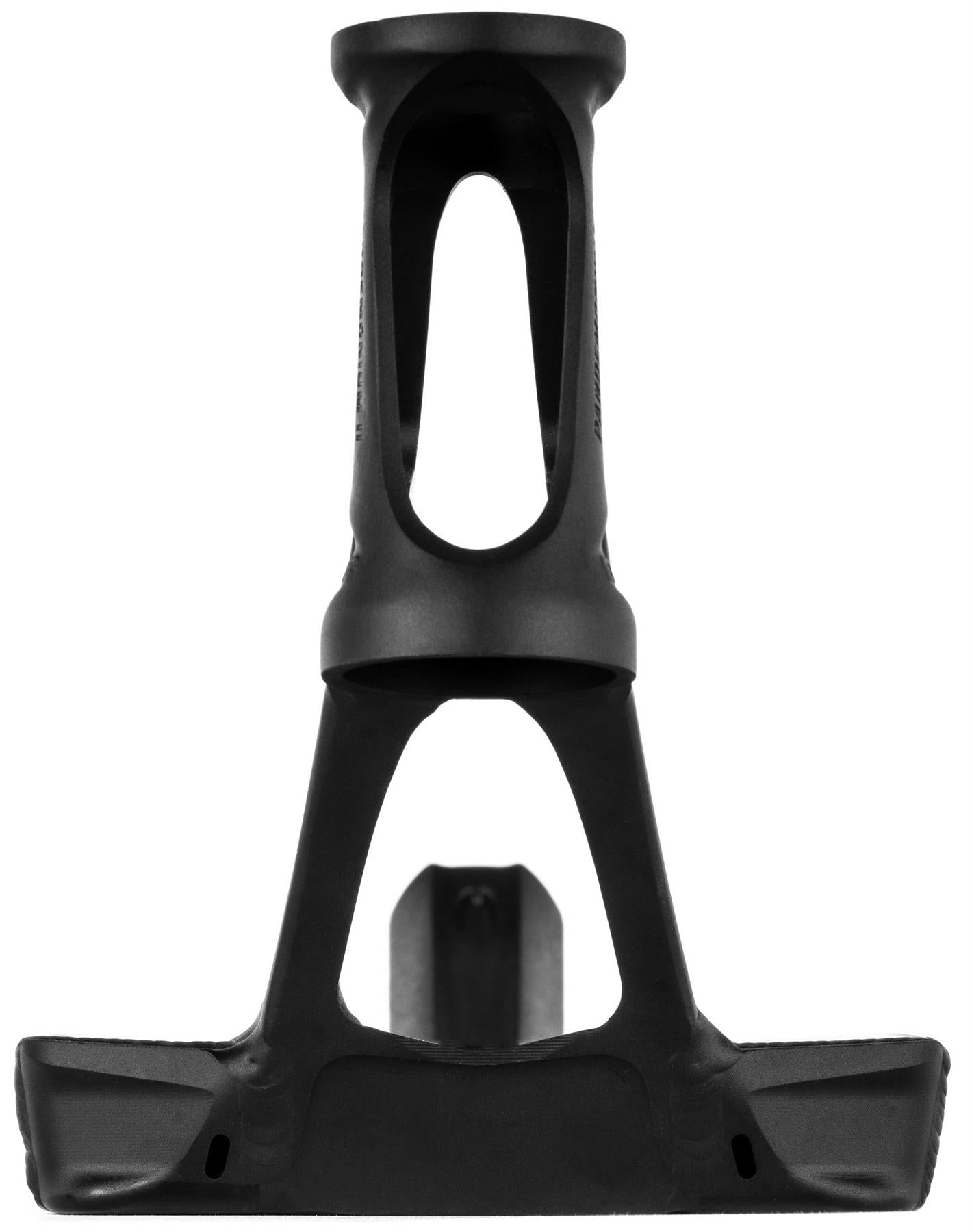 A black, modern Ethic Pandemonium V2 Boxed 8/12STD Stunt Scooter Deck (5.9")—shown front-on against a white background to highlight its hollow, lightweight, and angular geometric design by Ethic.