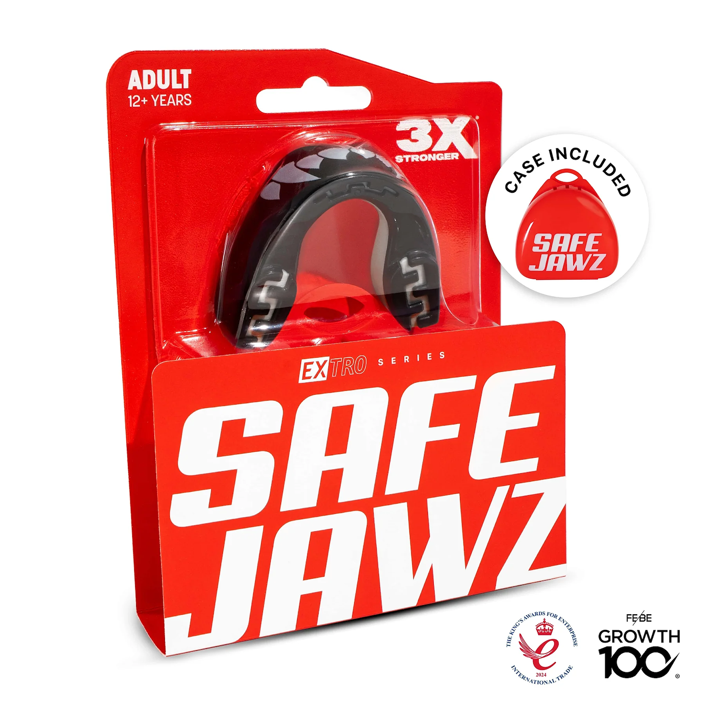 A Safejawz Extro Series Protection Mouthguard - Fangz in red and black packaging for ages 12+, features "3X stronger" hi-impact protection, FREE GROWTH 100, case included, and a quality award logo on the box.