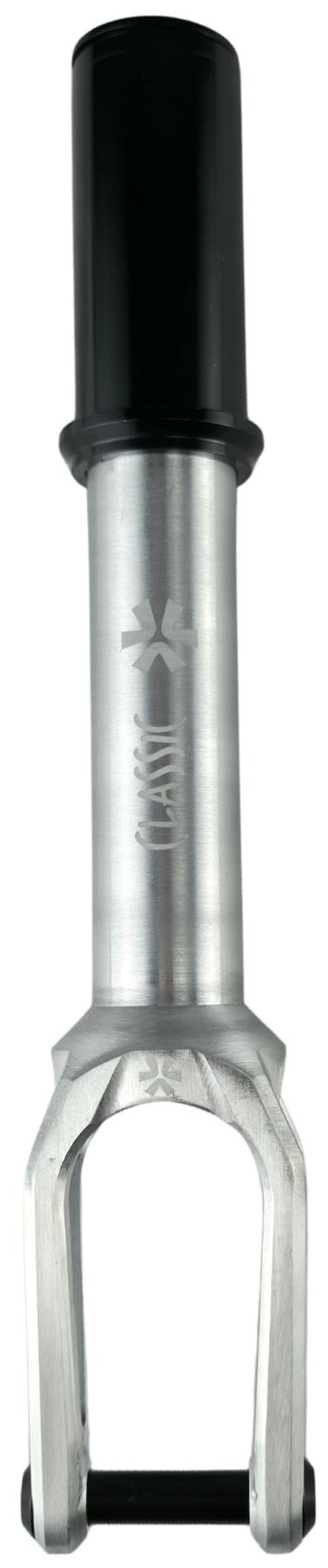 The Union Classic Lightweight IHC Stunt Scooter Fork - Polished by Union features a silver aluminium body, black cylindrical top, cutout design, and engraved shaft markings, showcasing its lightweight build against a white background.