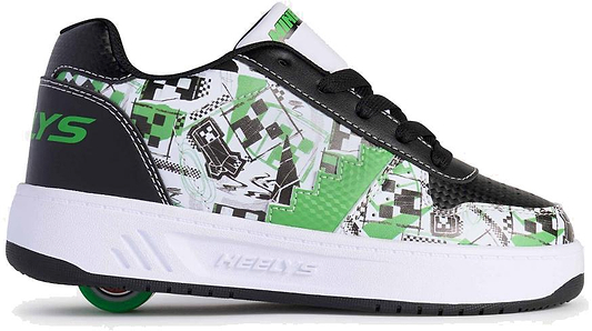 The Heelys x Minecraft Kama Boys Shoes feature a white, black, and green design with pixelated graphics, black laces, a green heel wheel, thick white sole, and Heelys branding on the side and tongue.