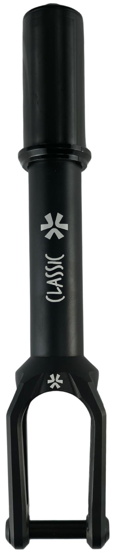 The Union Classic Lightweight IHC Stunt Scooter Fork in black features a cylindrical tube, open-ended prongs, and white Union branding—ideal for riders needing a reliable, lightweight stunt scooter fork.