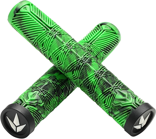 Two Blunt Envy V3 Green/Black Stunt Scooter Grips (160mm) are crossed, each featuring a textured geometric pattern and black end cap with white logo—great scooter accessories from Blunt Envy.